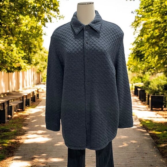 JCrew Authentic Fleece Quilted Shirt Jacket L Steel Blue Cozy Fall Gorpcore - Picture 1 of 9